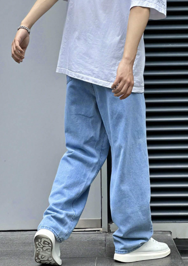 Loose Fit Men's Cotton Jeans With Slant Pockets Baggy Long Washed Skater Jean